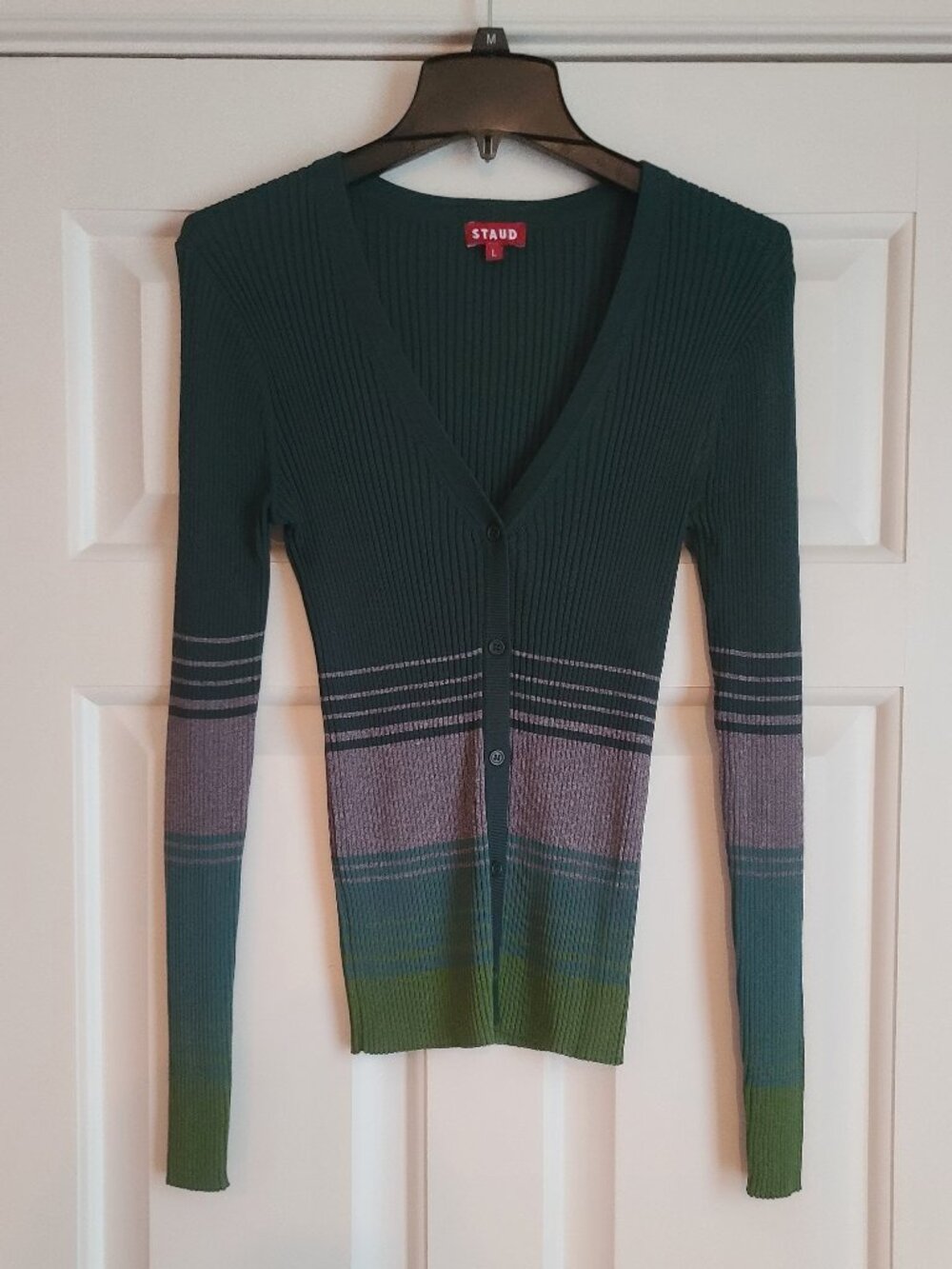 Staud Women's Sz L Cargo Ribbed Color Block Fitted Cardigan Sweater Green Gray